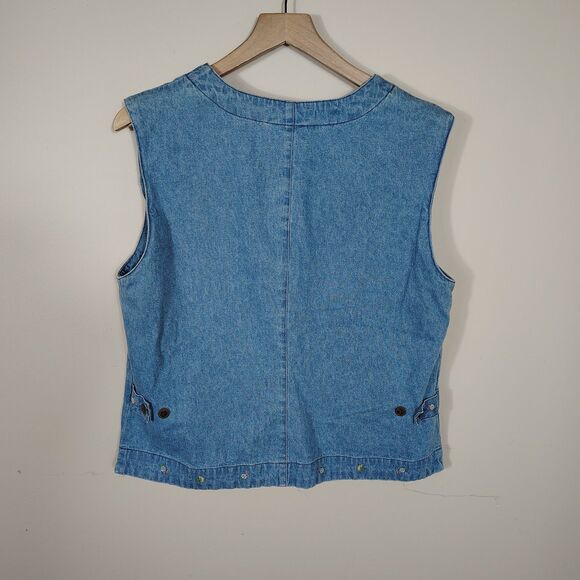 Vtg 90s Denim Vest Embroidered Sheep Flowers Cottagecore Farmhouse Country L - Picture 7 of 10